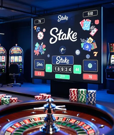 Pantalla de casino con ruleta y fichas, ilustración para la reseña de Stake