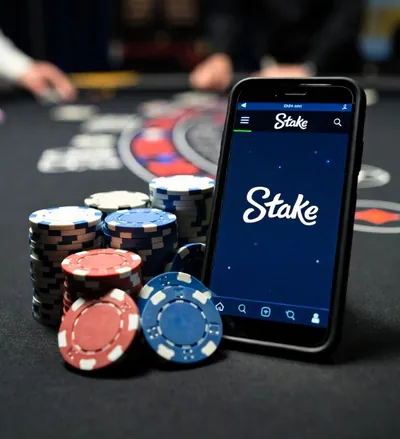 Celular con Stake y fichas: referencia visual para la guía de depósitos