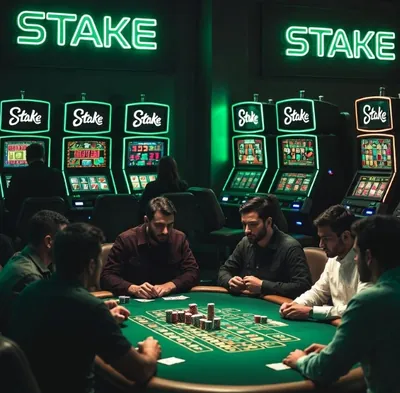 Mesa de casino con jugadores y máquinas al fondo, escena de juego tipo Stake