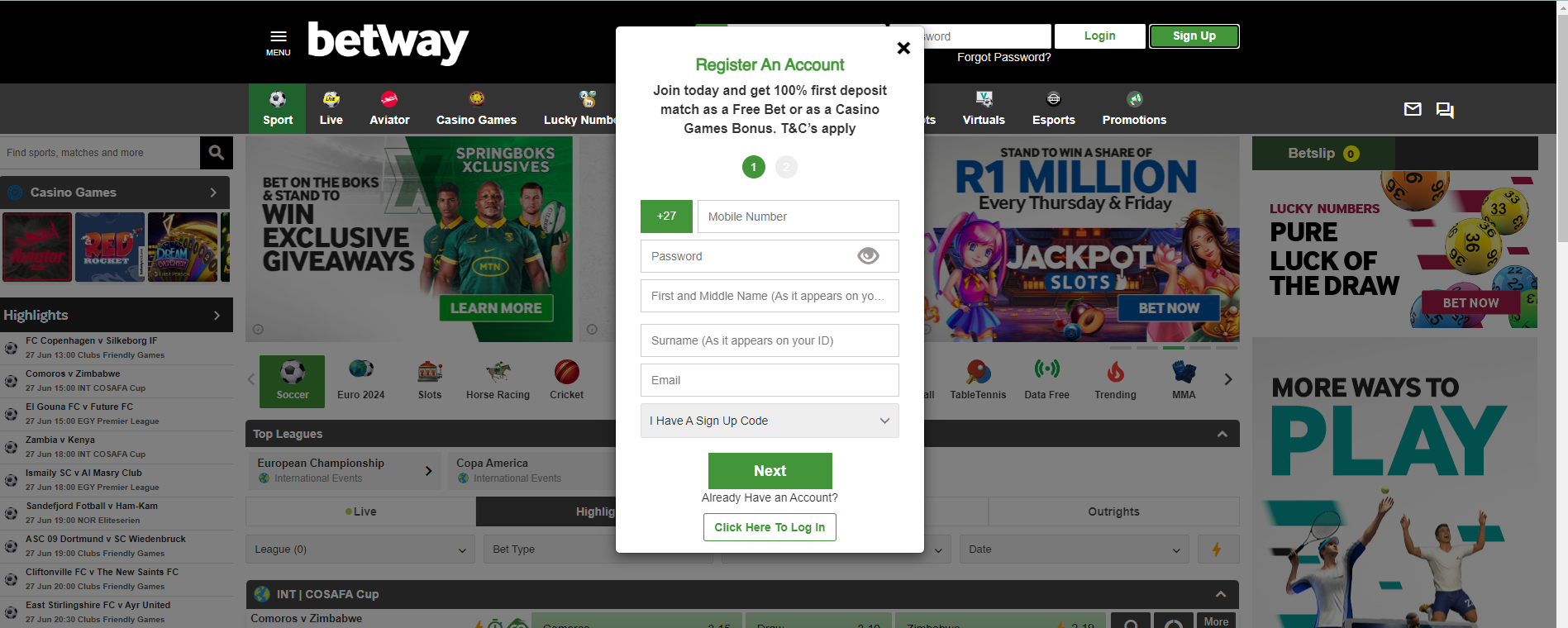 Betway sign up form